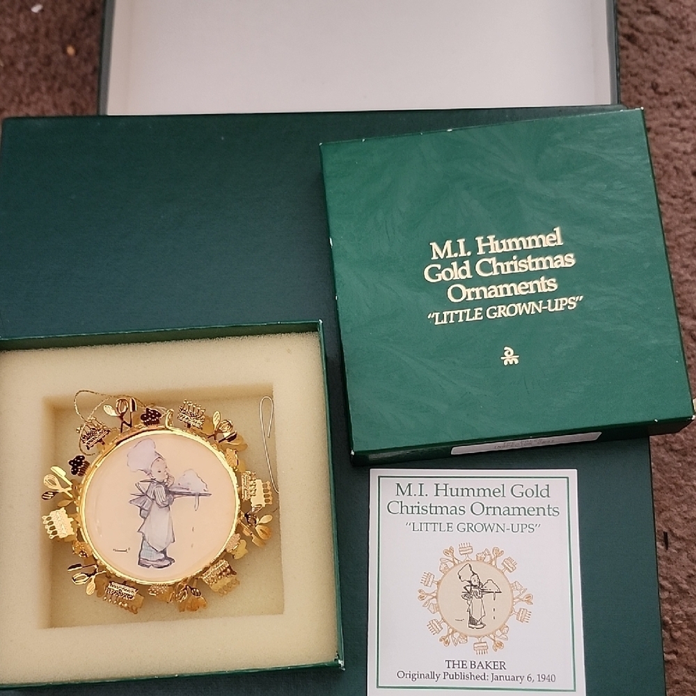 M.I. Hummel Little Grown-Ups Gold Christmas Ornament “The Baker” w/Box  & Insert